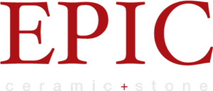 This image shows the EPIC logo with the word "EPIC" in bold red letters and "ceramic + stone" in smaller grey letters below.