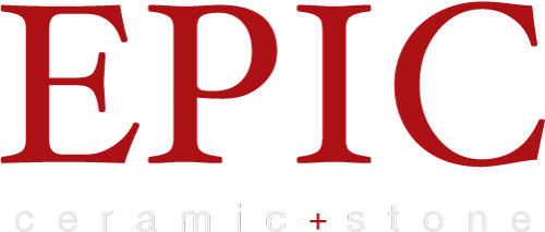 This image shows the EPIC logo with the word "EPIC" in bold red letters and "ceramic + stone" in smaller grey letters below.