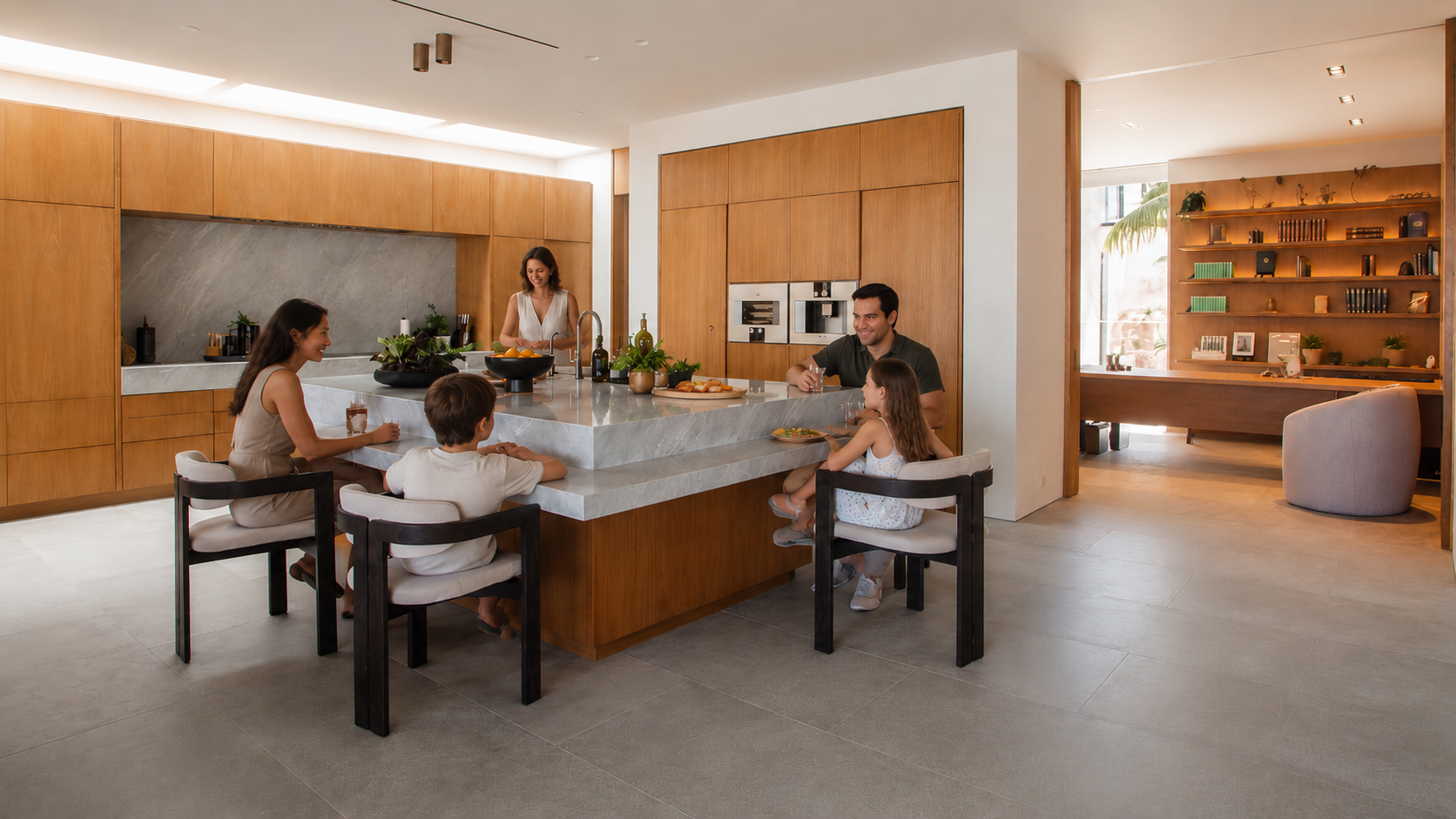 Family gathered around a natural stone kitchen island in a modern Orange County home.
