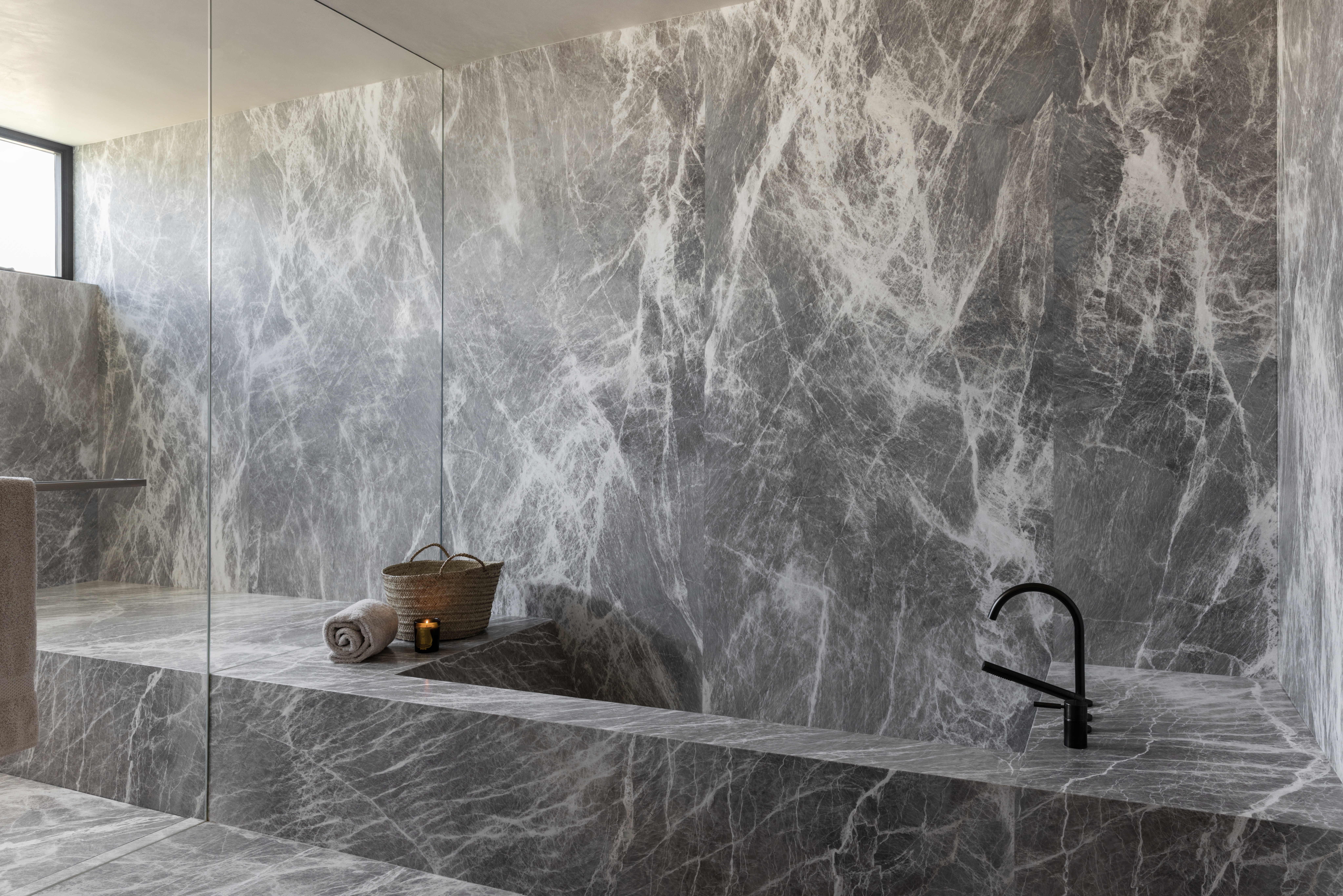 Luxury natural stone bathroom installation by Epic Ceramic and Stone in Orange County California