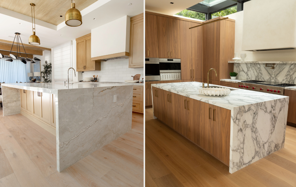 Comparison of a cool white Calacatta kitchen and a warm-toned quartzite kitchen in Orange County, illustrating 2026 luxury natural stone design trends.